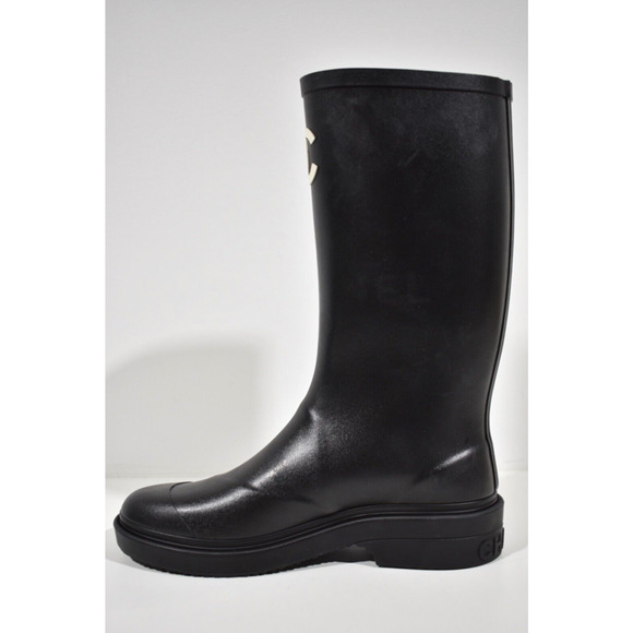 Chanel REV Black White Caoutchouc CC Logo High Pull On Rubber Rain Boots 38 - Picture 9 of 12